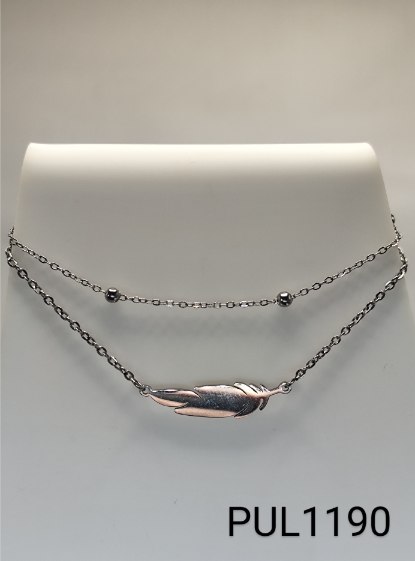 pulseira  inox corrente dupla bolinhas e pena