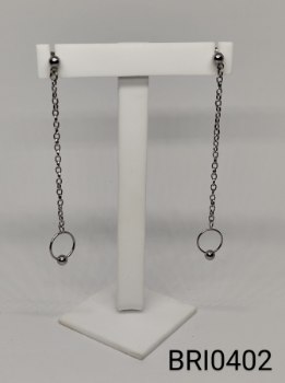 brinco inox corrente círculo na ponta e bolinha de hematita