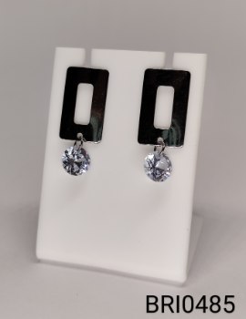 brinco inox retângulo vazado pingente zircônia transparente redonda