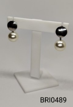 brinco inox redondo pingente pérola branca